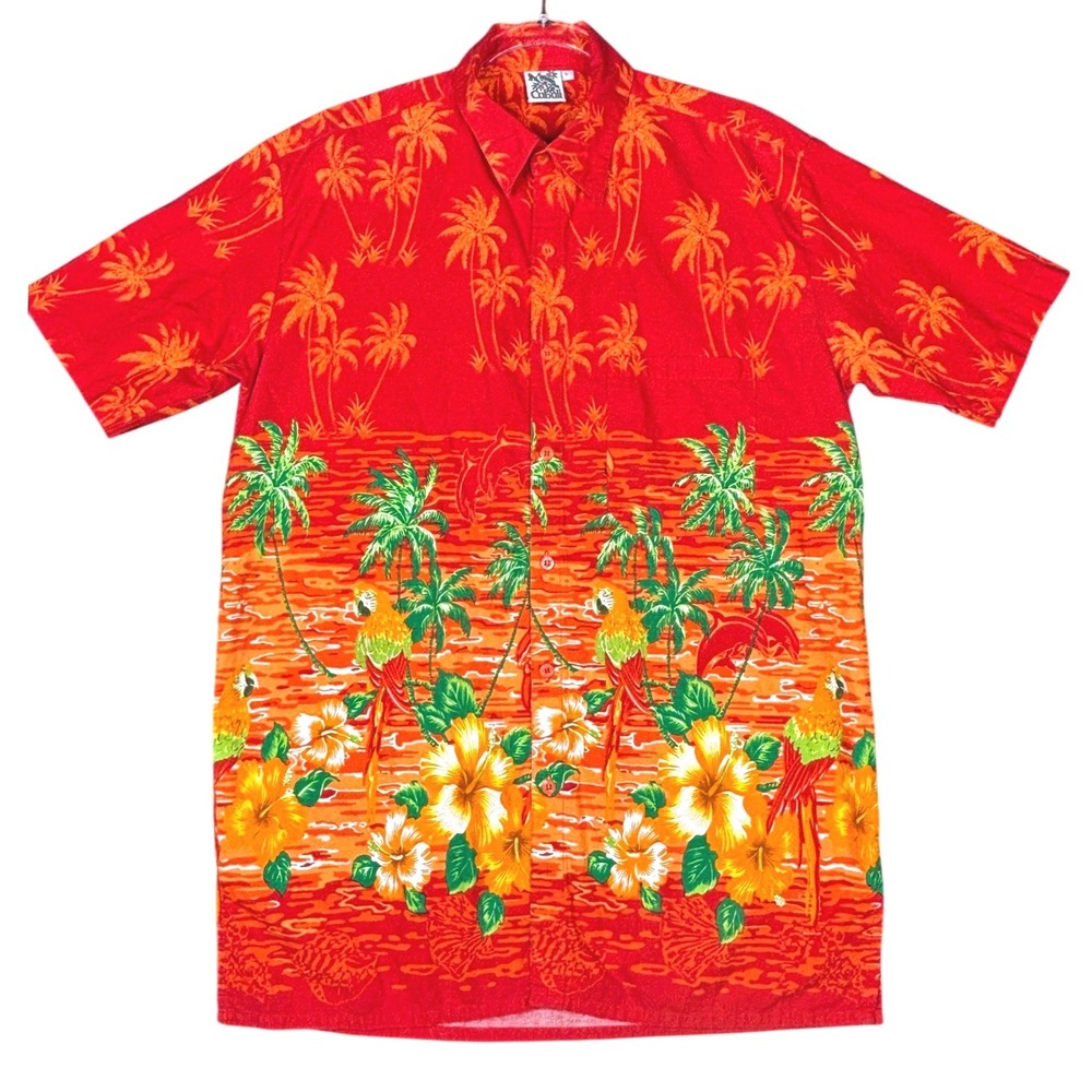 Cabali Mens Red Tropical Parrot Palm Tree Hibiscus Hawaiian‎ Button Down Shirt L